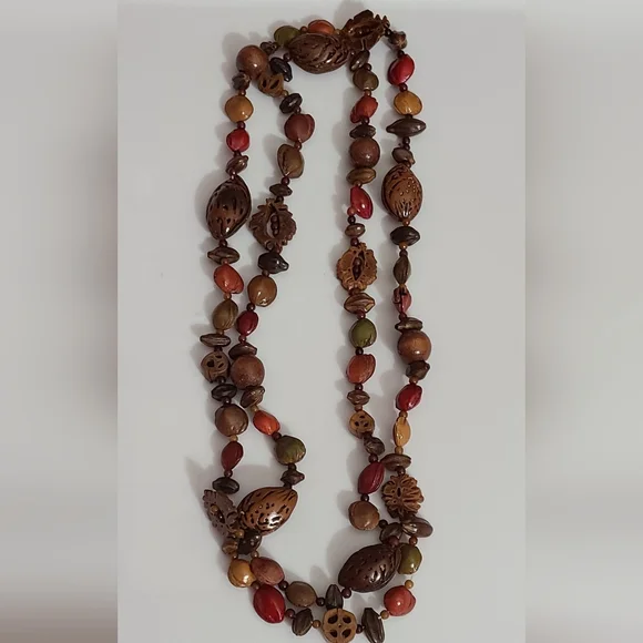 Vintage nuts and seeds long necklace Fall Autumn 44" beautiful colors euc - Picture 2 of 8